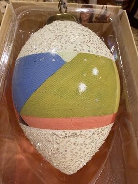 Demdaco Geometric Painted Ornament in Blue, Green, Coral and White